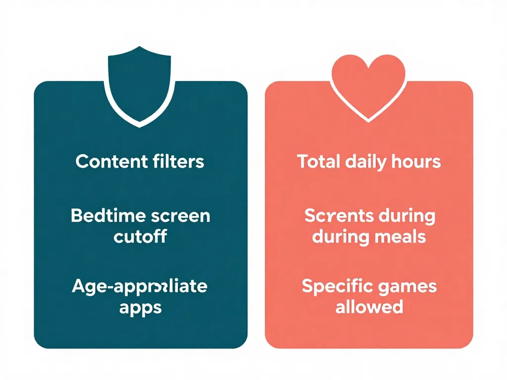 Visual comparison showing non-negotiable screen time safety rules versus flexible parenting preferences that coparents can approach differently