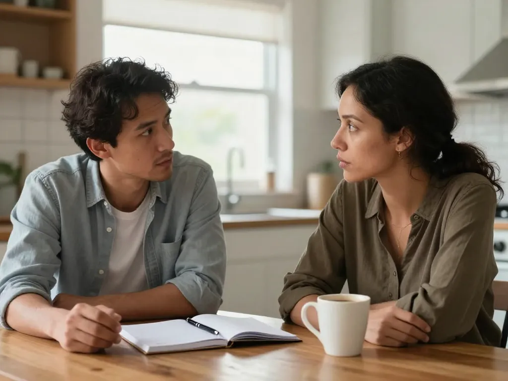 Two coparents having a calm, focused conversation at a kitchen table about shared parenting decisions