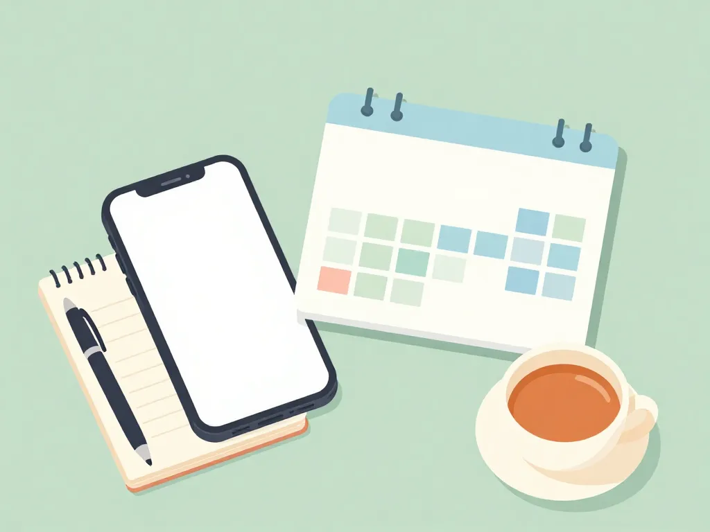 Illustration of a co-parenting communication toolkit including a phone, calendar, notebook, and tea