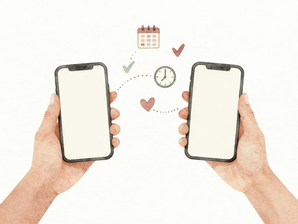 Two hands holding phones with icons representing scheduling, time, and agreement floating between them