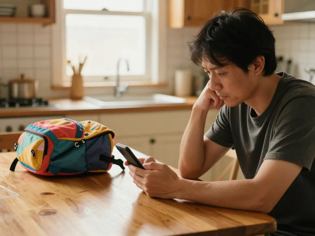 A parent calmly reading a message on their phone at a kitchen table next to a child's backpack