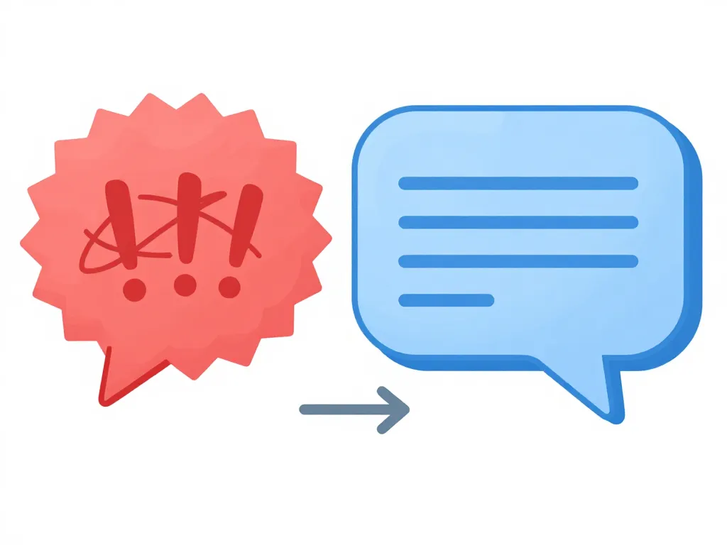 Illustration comparing a chaotic reactive response in a red speech bubble to a calm scripted response in a blue speech bubble