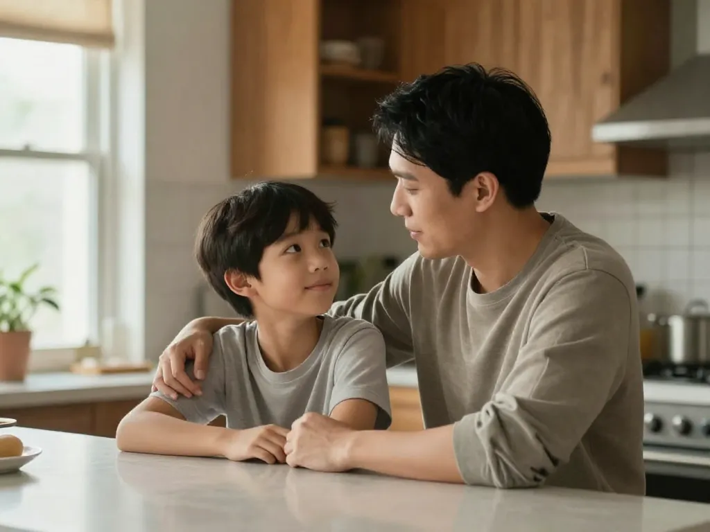 A parent sitting with their child at a kitchen counter, providing reassurance and calm connection