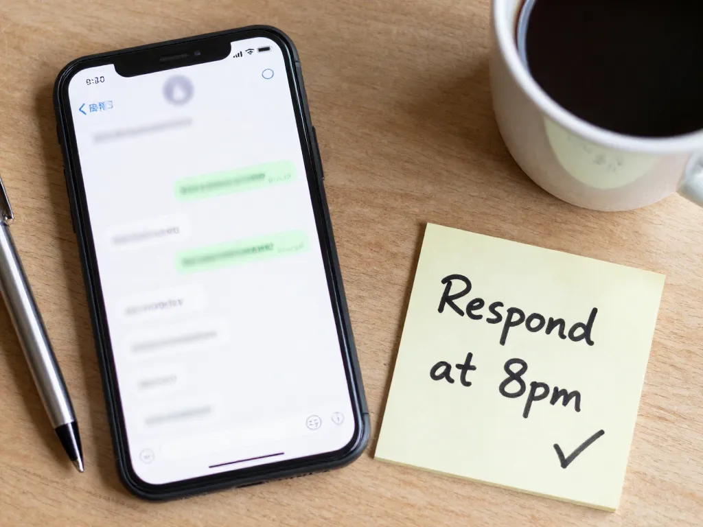 A smartphone showing multiple text messages next to a sticky note reminder that reads 'Respond at 8pm', representing communication boundaries
