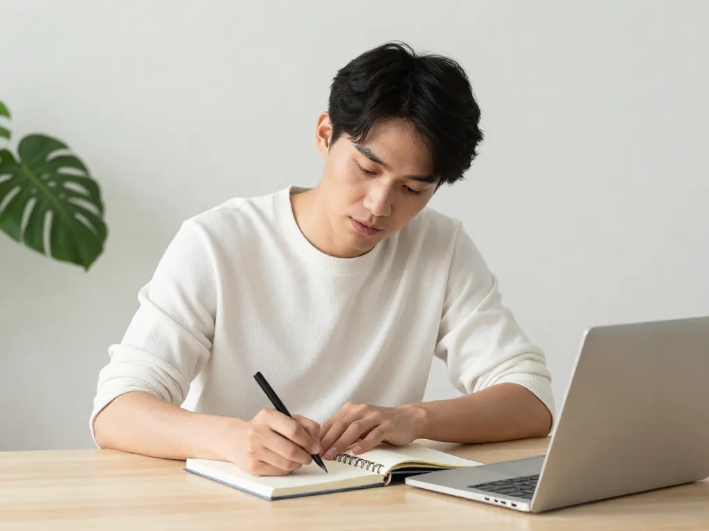Parent calmly preparing written co-parenting communication at a tidy desk