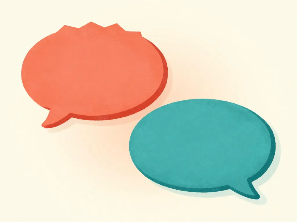 Illustration contrasting a jagged hostile speech bubble with a calm, smooth response bubble, representing scripted co-parent communication