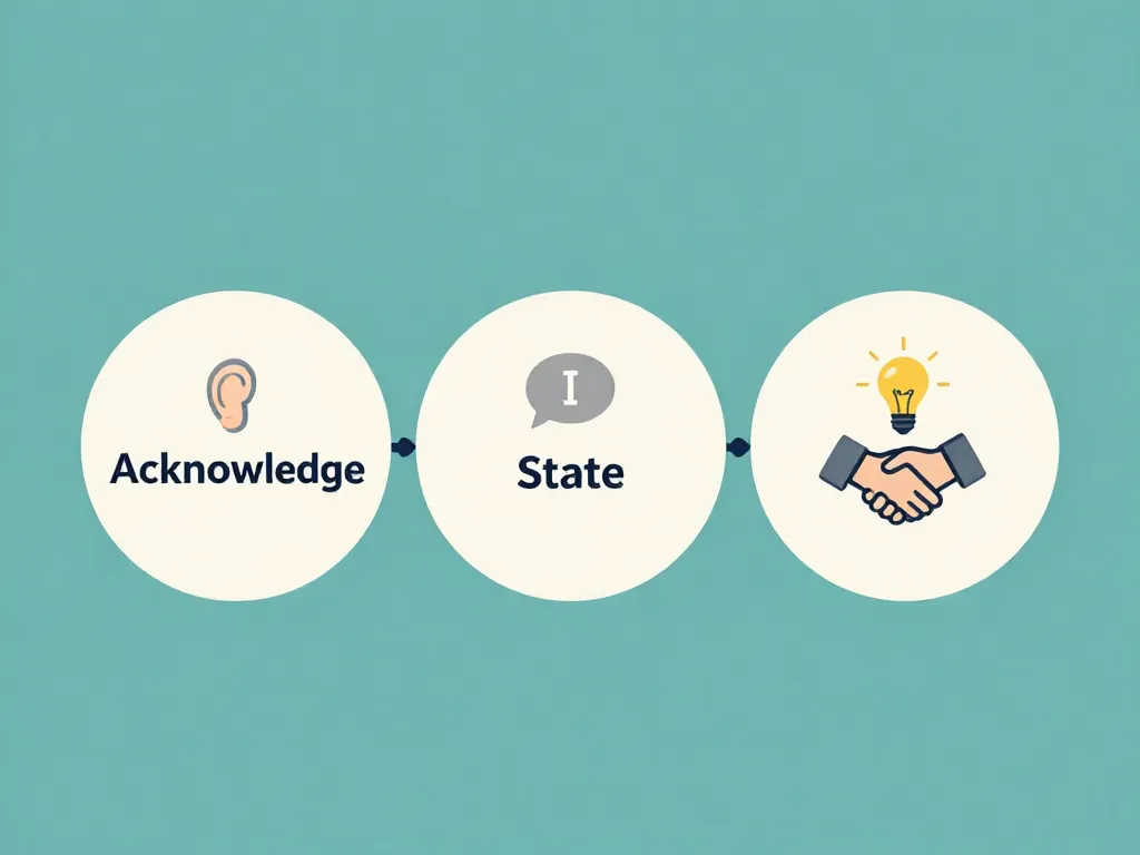 Illustration showing the three-step co-parenting communication framework: Acknowledge, State, and Propose