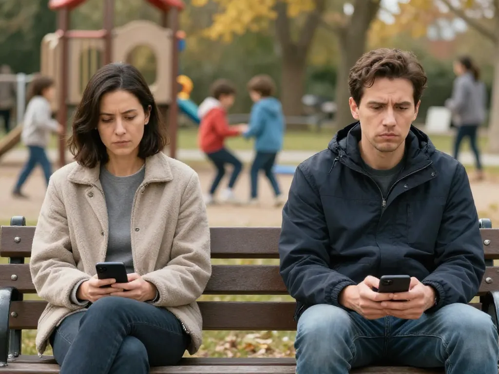 Two co-parents sitting apart on a park bench, both thoughtfully looking at their phones while children play in the background