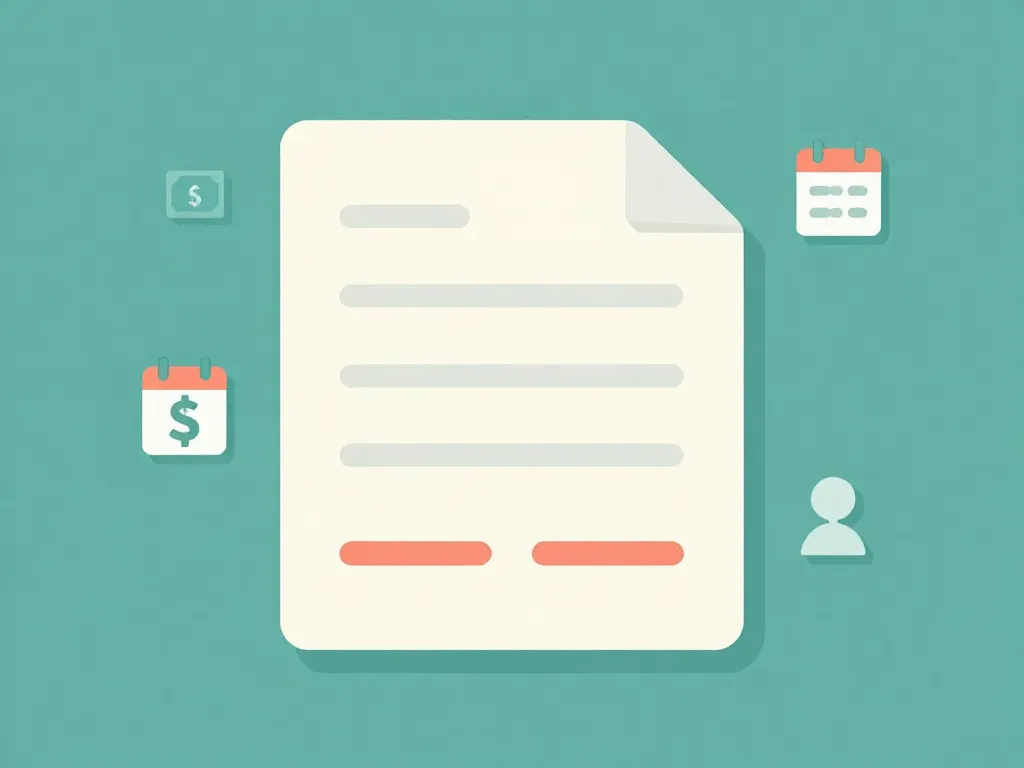 Illustration of a shared co-parenting expense agreement document with icons for money, calendar, and child