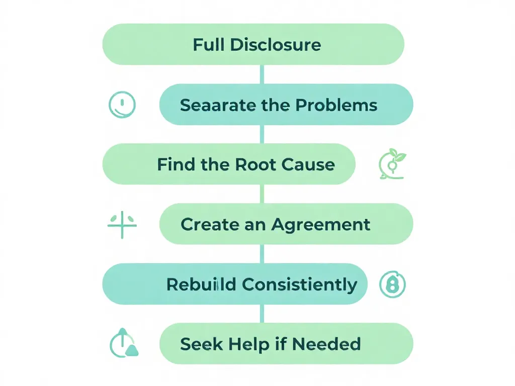 Six-step visual guide for recovering trust after secret spending in a relationship