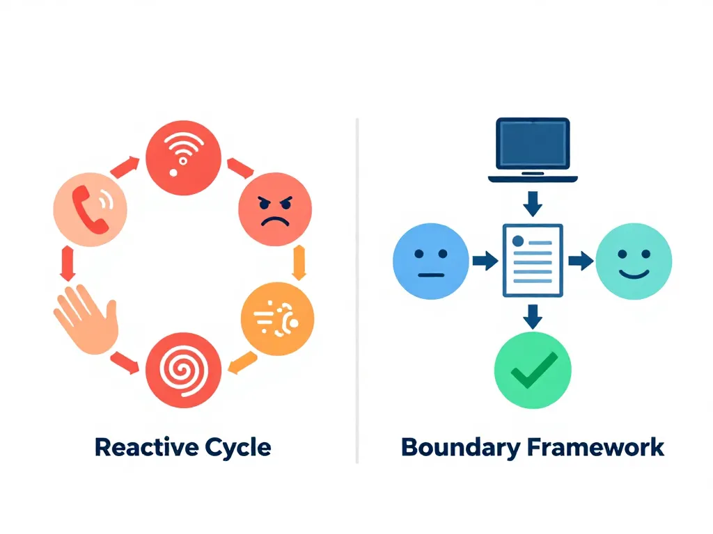 Illustration comparing a reactive conflict cycle with a structured boundary framework for co-parenting