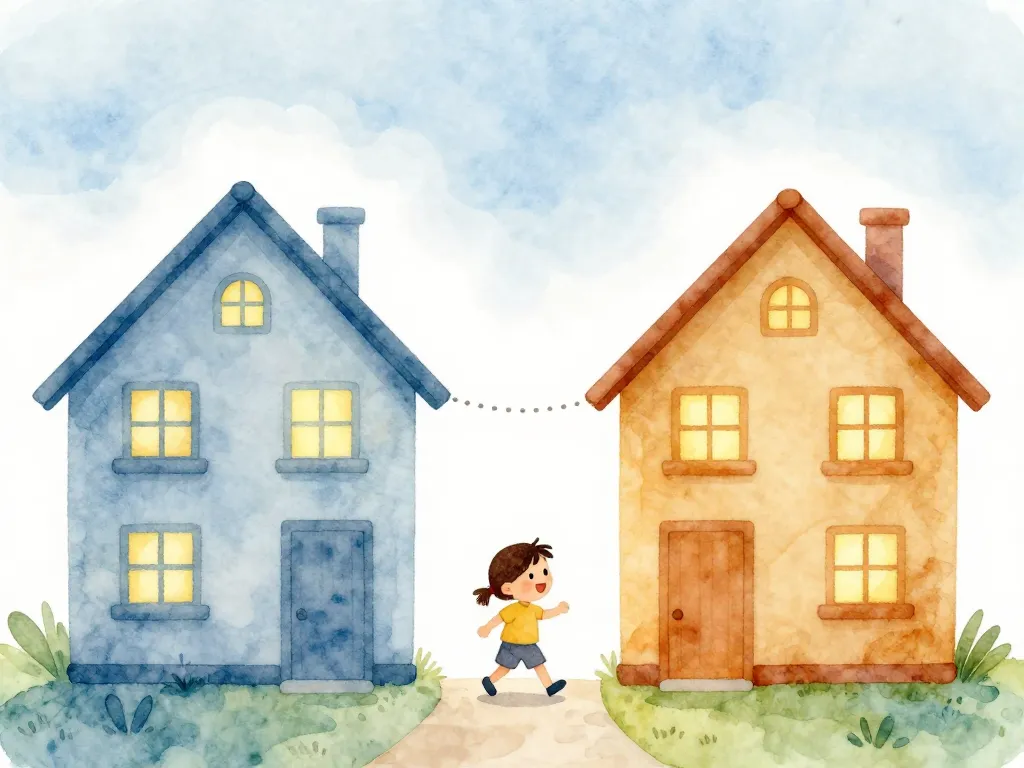 Illustration of a child walking between two warm, separate homes representing parallel parenting