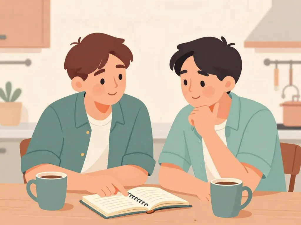 Illustration of two roommates having a friendly conversation at a kitchen table while planning a shared schedule