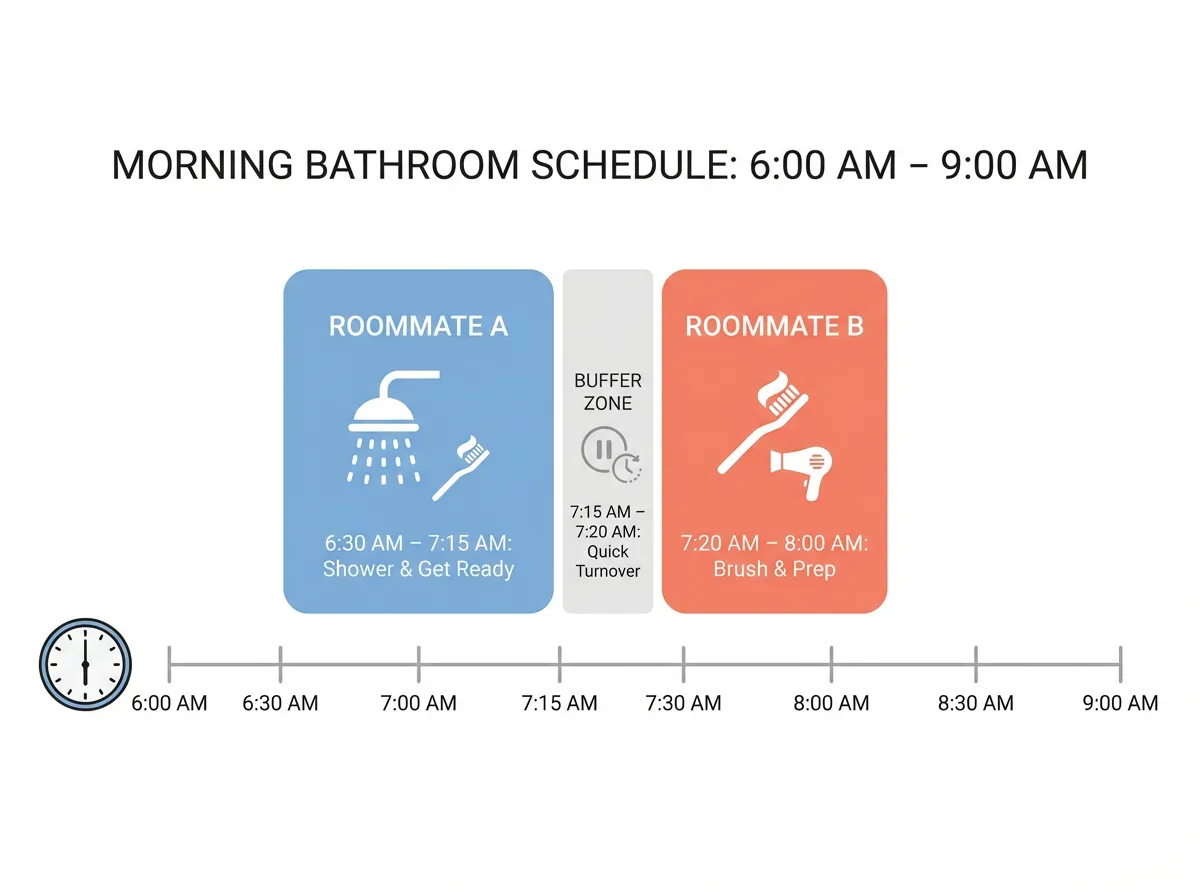 Infographic showing a sample morning bathroom time block schedule divided between two roommates with buffer zones