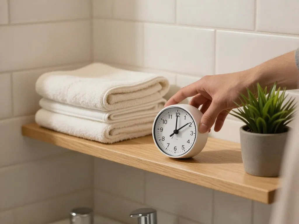 A kitchen timer set to 25 minutes placed on a bathroom shelf as a visual reminder for shared bathroom time limits