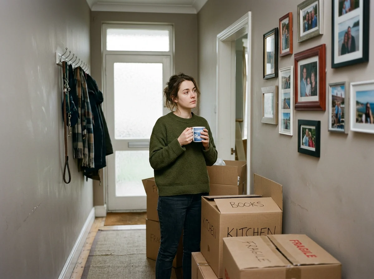 A woman with moving boxes standing in the hallway of a home that is already someone else's