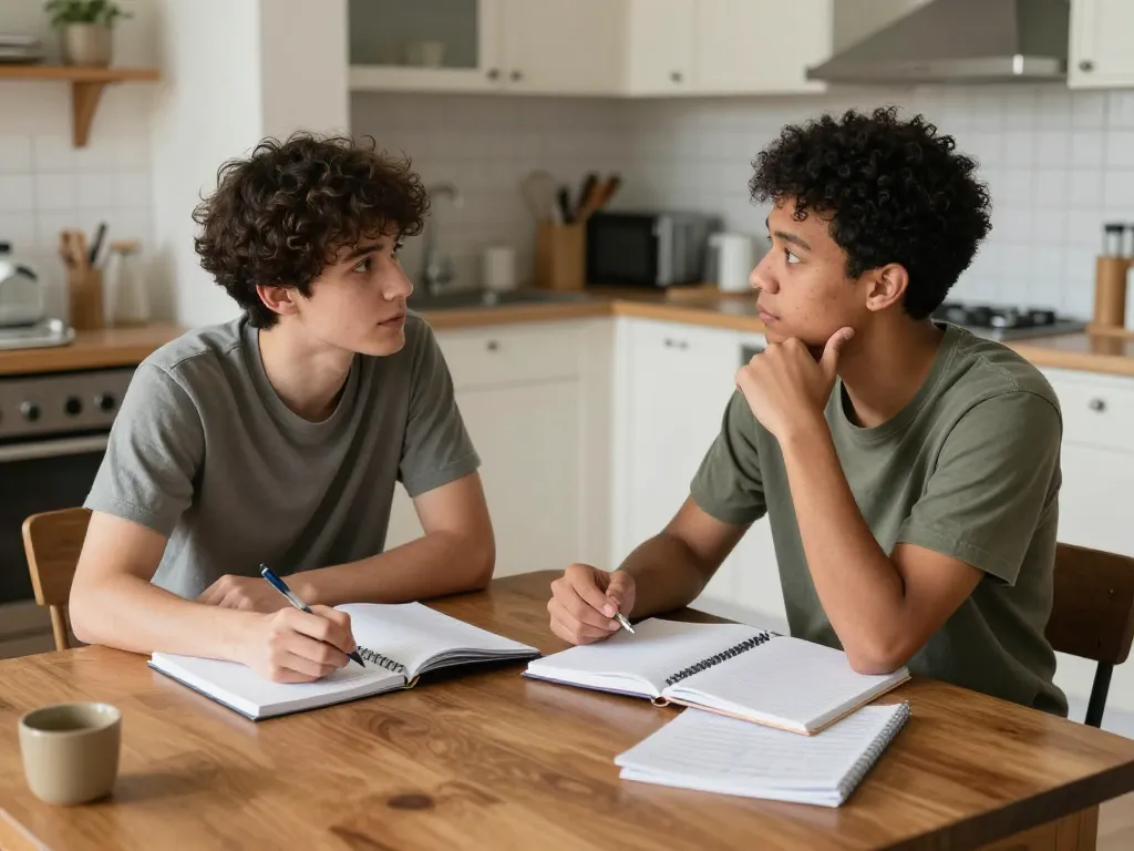 Two roommates having a constructive conversation at their kitchen table while writing down agreements