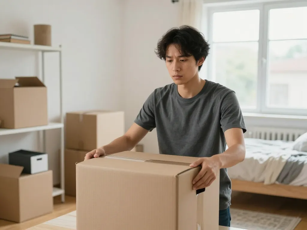 A person calmly packing moving boxes in their bedroom, representing the decision to move on from a roommate situation