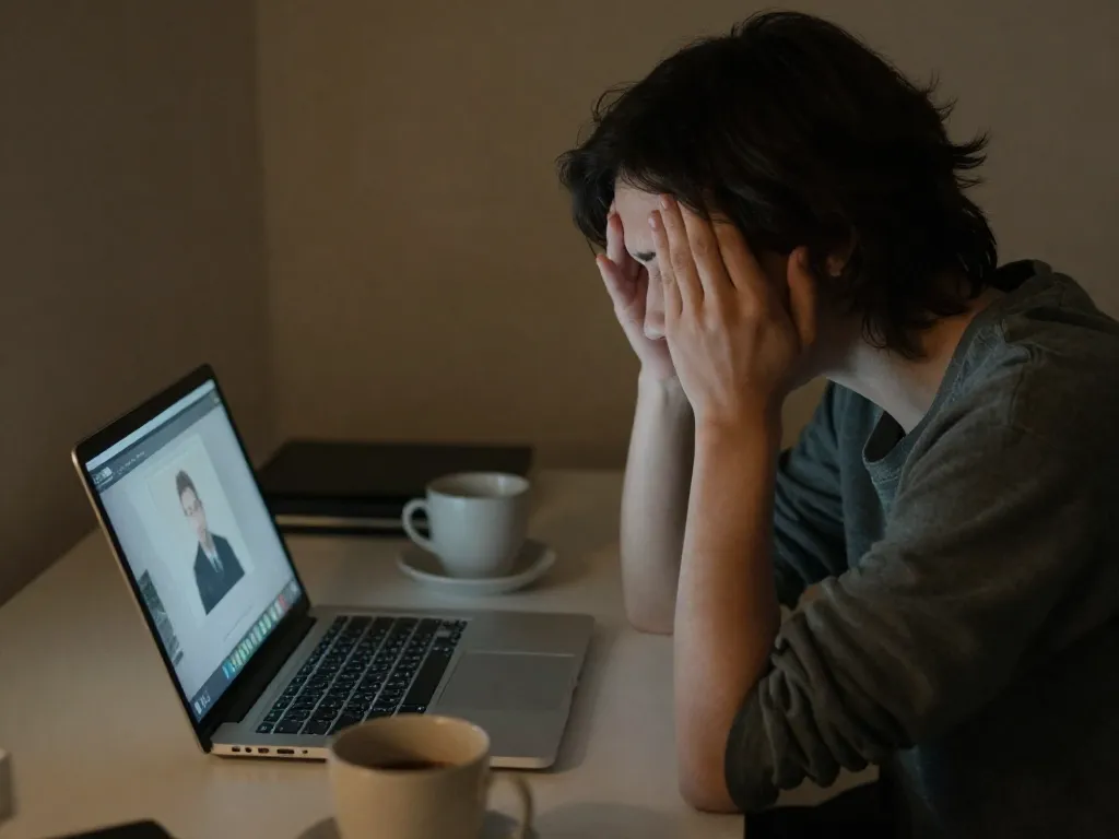 A founder sitting alone at a desk rubbing their temples in frustration after a difficult conversation