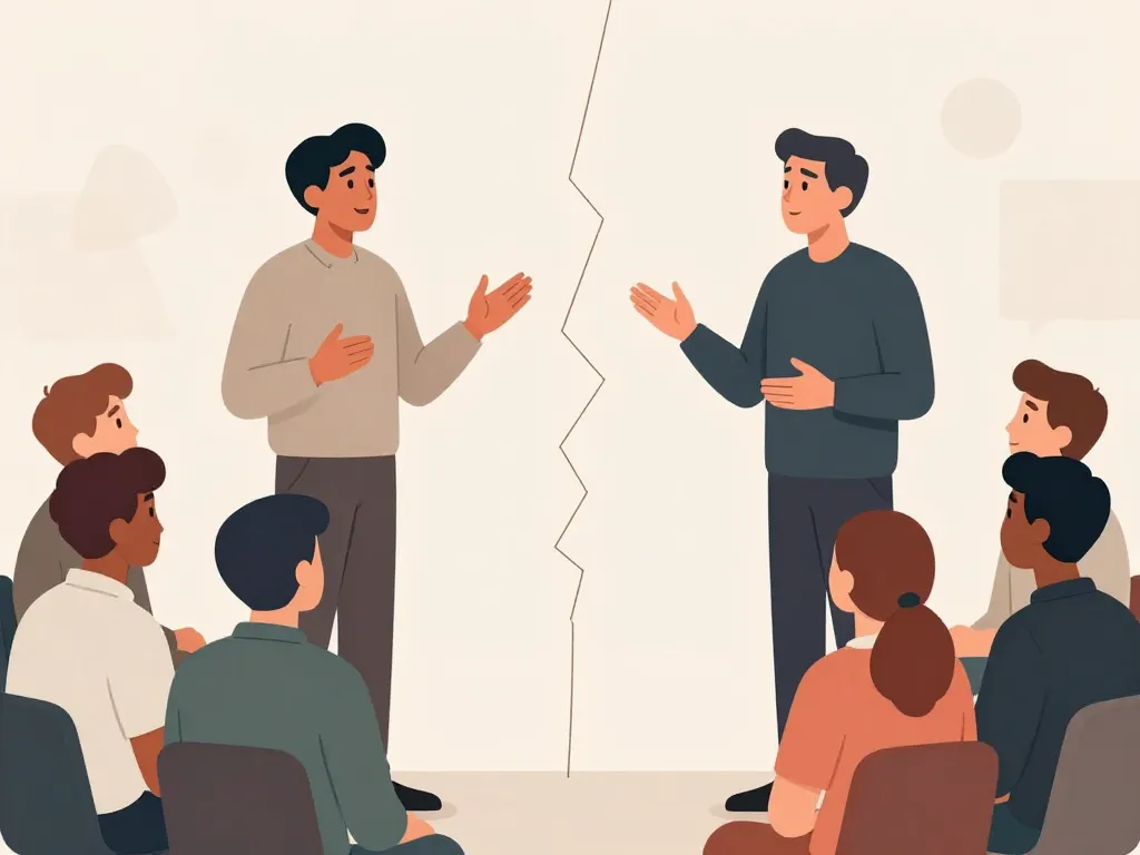 Illustration showing two cofounders separately talking to different groups of team members, representing factions forming within a startup