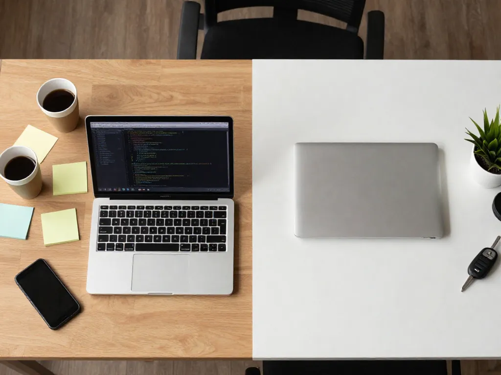 A desk split in two halves showing unequal effort between cofounders: one side cluttered with work, the other nearly empty
