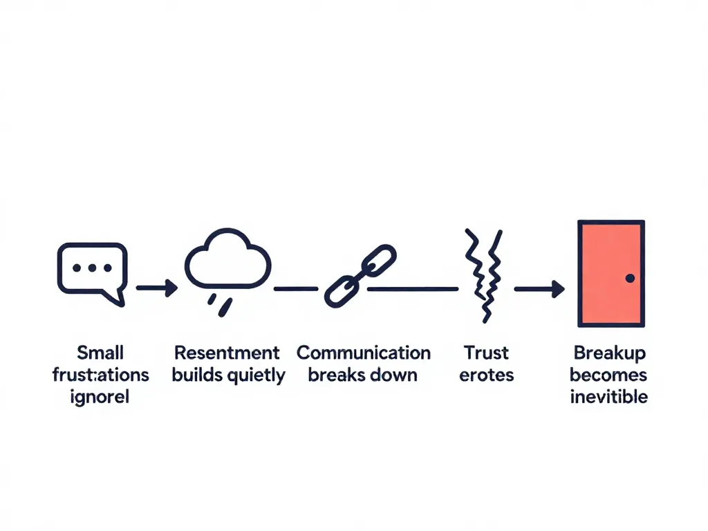 Visual timeline showing the five stages of a cofounder relationship breakdown, from small frustrations to inevitable breakup