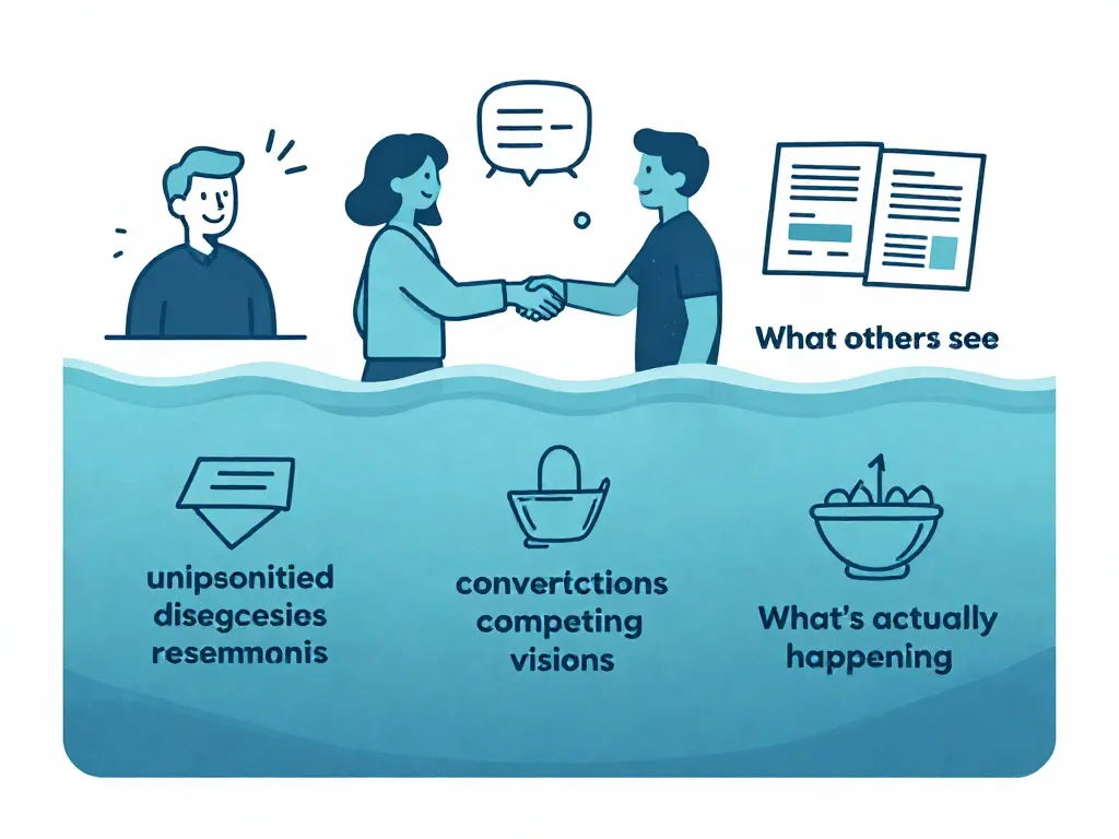 Iceberg illustration showing the visible surface of a cofounder relationship versus hidden tensions beneath