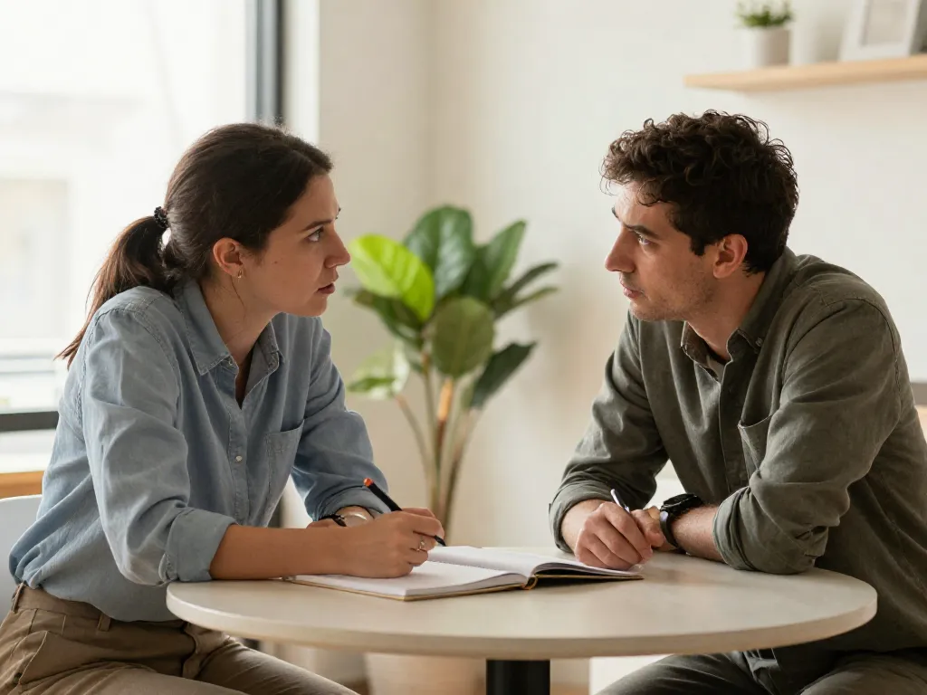 Two cofounders having a serious, constructive face-to-face conversation at an office table