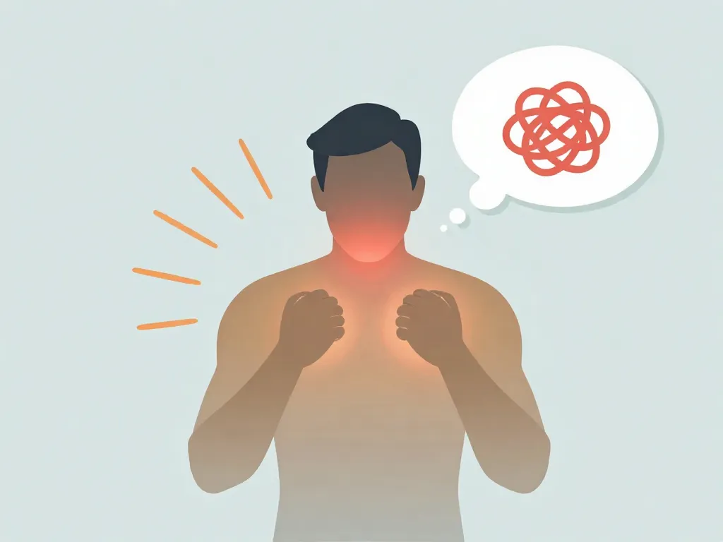 Illustration of a person experiencing physical stress symptoms including jaw clenching, chest tightness, and mental strain from cofounder conflict