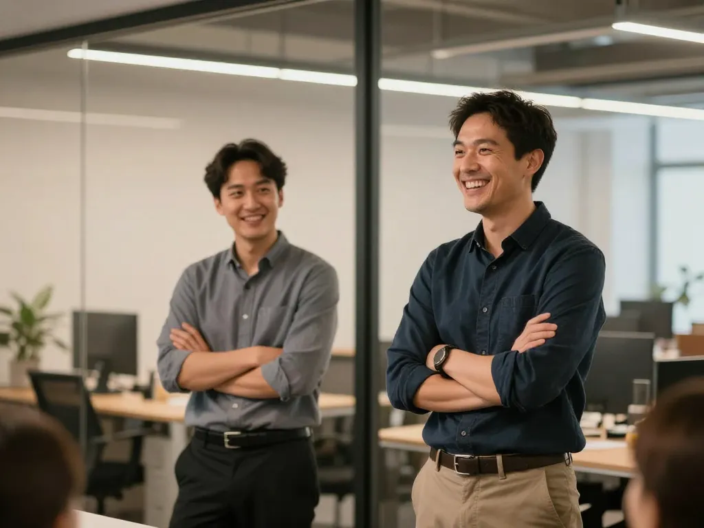 Two cofounders presenting together to their team, one engaged and one visibly uncomfortable, showing performative harmony