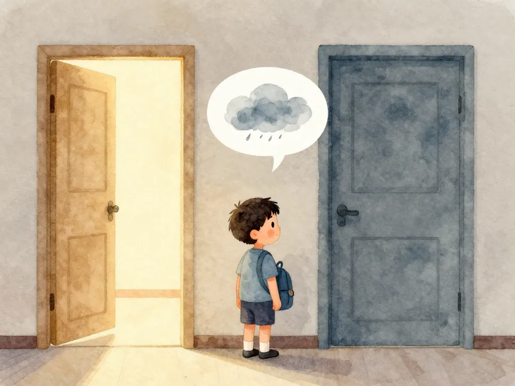 Watercolor illustration of a child standing between two doorways representing two coparent homes, looking uncertain while holding a backpack