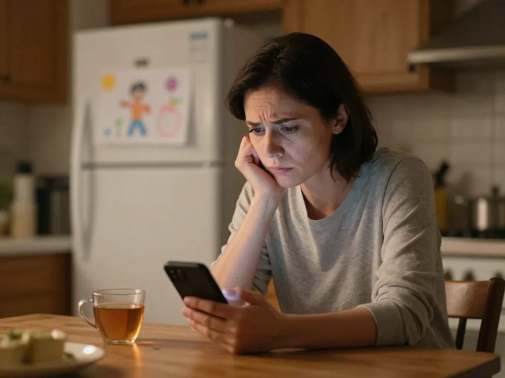 A concerned parent reading a message on their phone at a kitchen table in warm evening light, reflecting on a coparenting situation