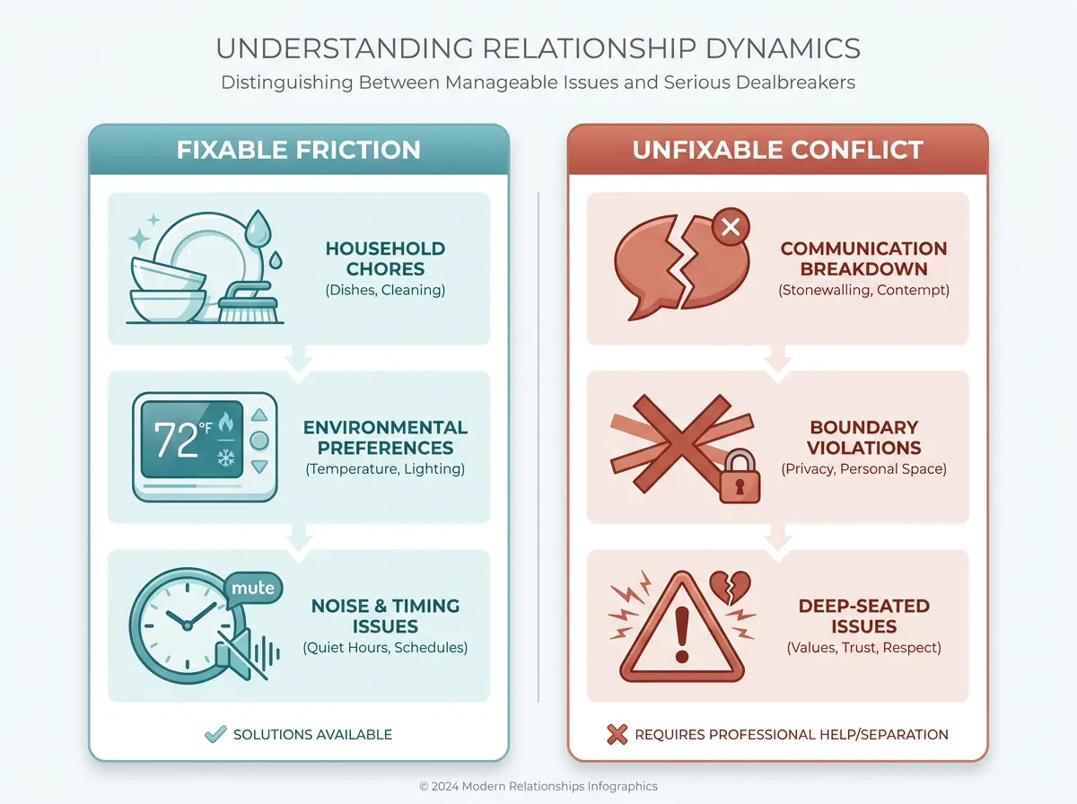 Infographic comparing fixable roommate friction like chores and noise versus unfixable conflict like broken boundaries and personal attacks
