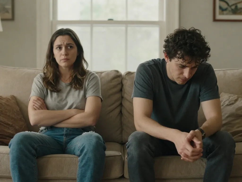 Two roommates sitting on opposite ends of a couch having a tense but civil conversation in a naturally lit apartment
