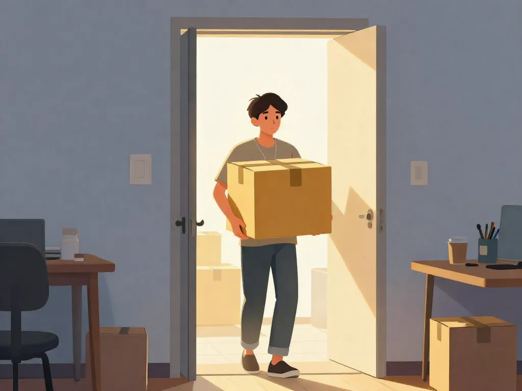 Illustration of a person carrying a moving box out of a dark apartment into warm sunlight, symbolizing a fresh start