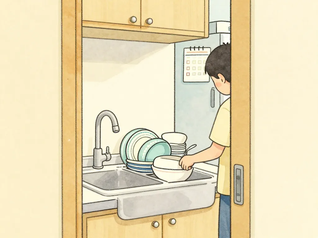 Watercolor illustration of a shared apartment kitchen with dishes piled in the sink and an unchecked chore chart on the fridge