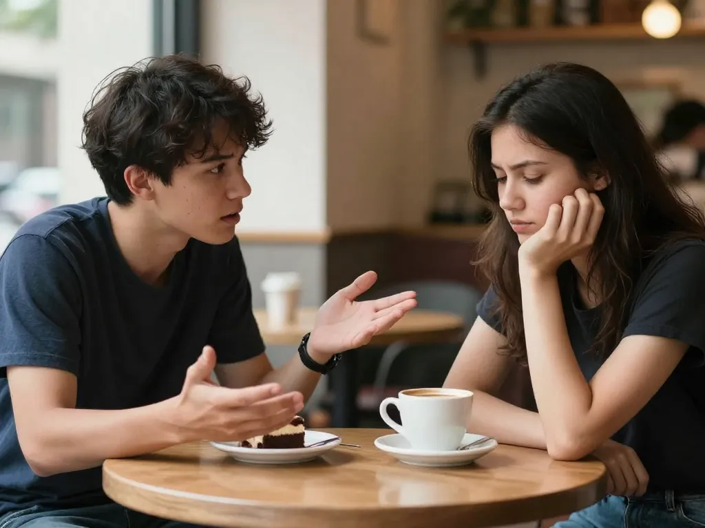 Two friends having an honest conversation at a cafe table, one leaning forward and the other looking thoughtfully at their coffee