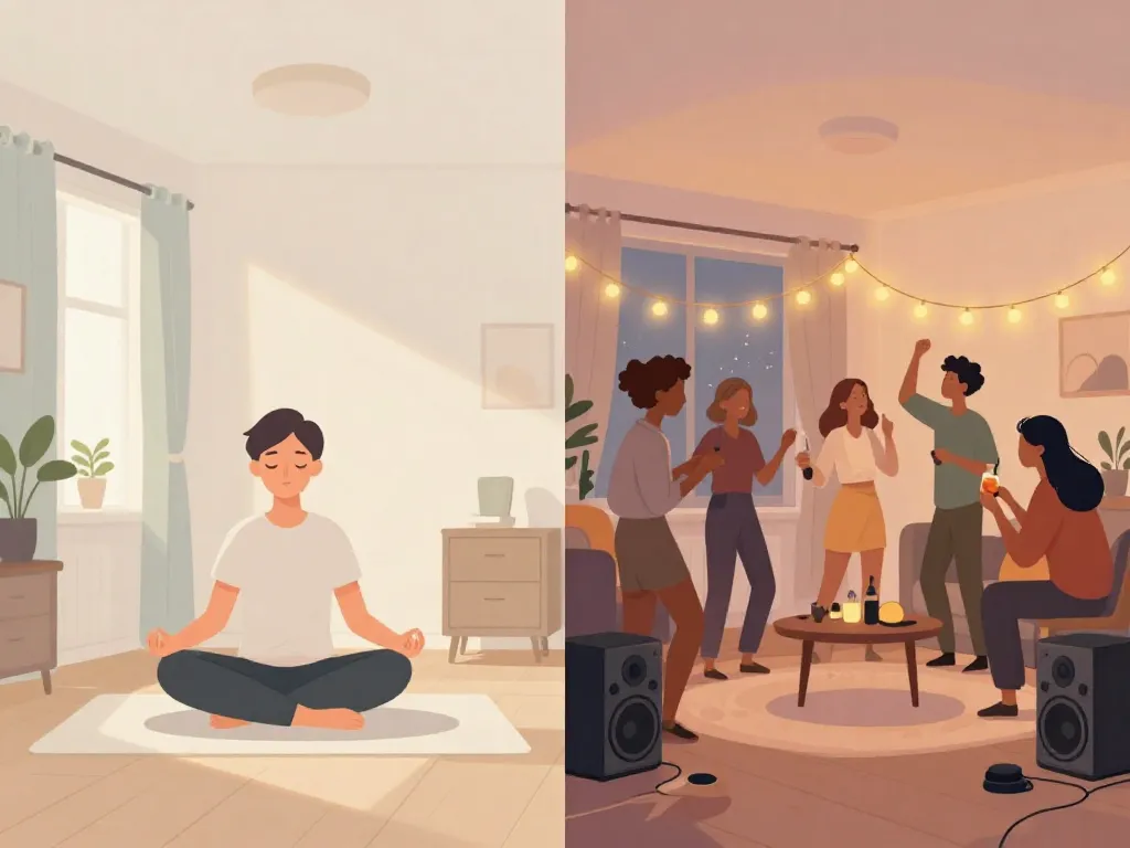 Split illustration showing two contrasting lifestyles in the same apartment: one side peaceful and quiet, the other social and lively