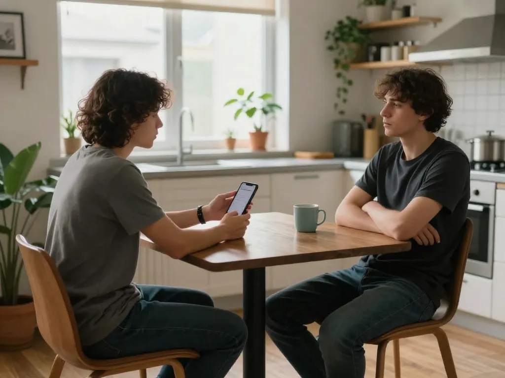 Two roommates having a conversation at a kitchen table about a potential subletter, with one showing their phone to the other