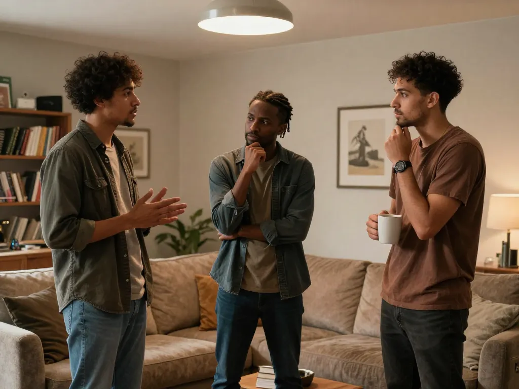 Three roommates standing in their living room having a serious discussion about a potential subletter