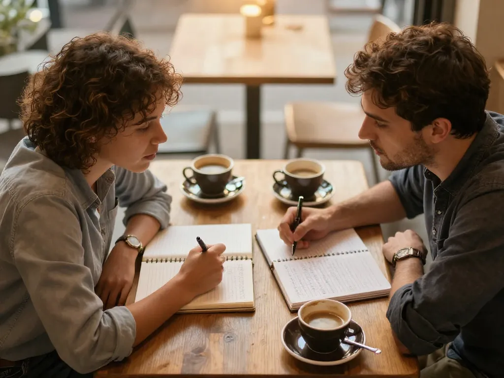 Two cofounders having an honest face-to-face conversation over notebooks at a small table, engaged and leaning in