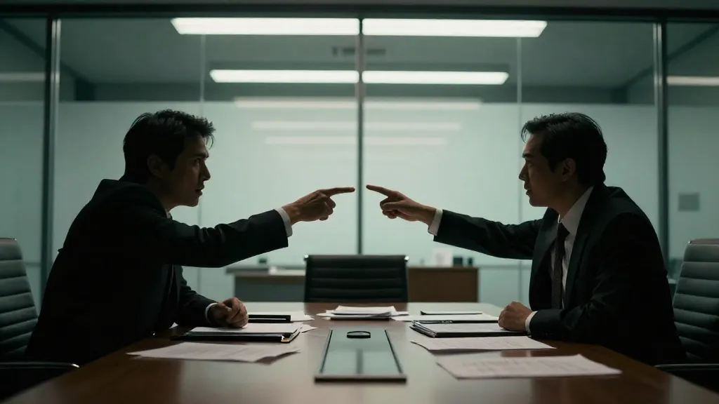 Dramatic cinematic scene of two business partners in a tense confrontation in a conference room, representing the Hollywood myth of explosive cofounder breakups