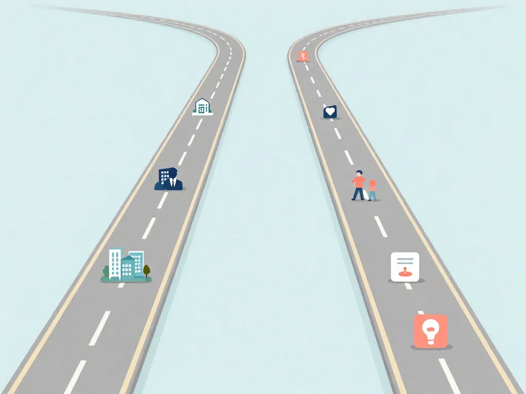 Illustration of two paths diverging from a single starting point, representing cofounders gradually drifting toward different visions for their startup