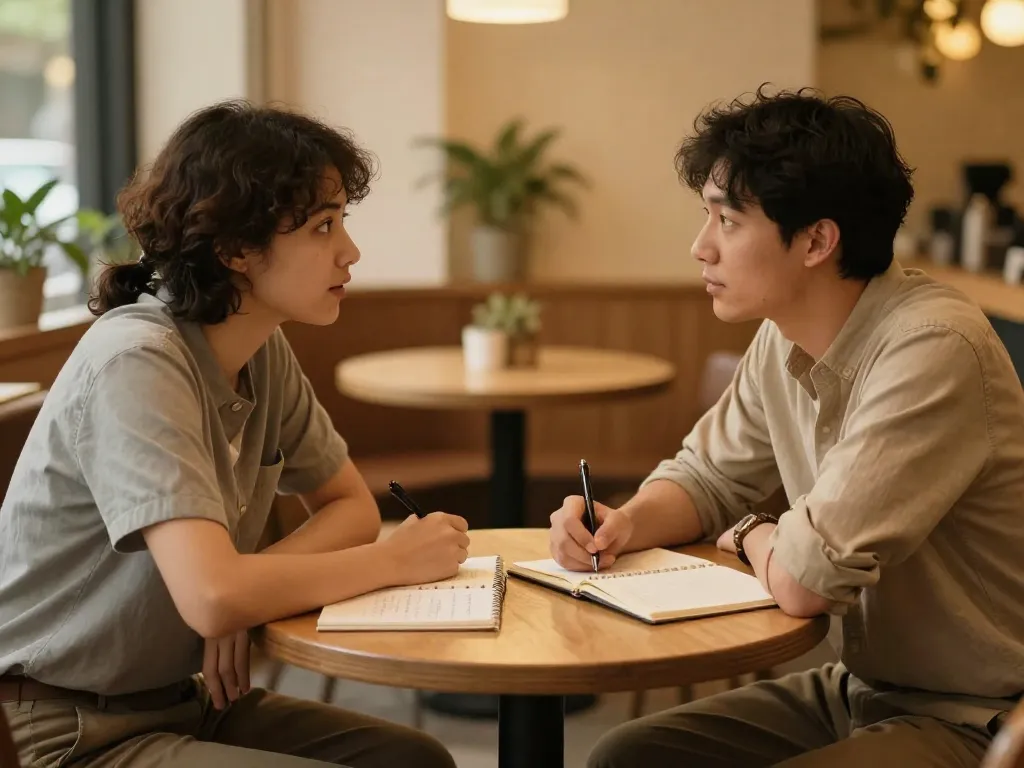 Two cofounders having an honest, structured conversation face to face with notebooks, representing proactive alignment meetings to prevent silent breakups