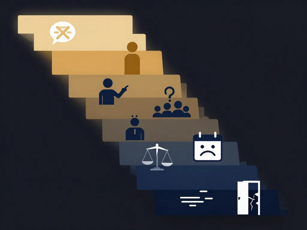 Visual staircase showing seven escalating warning signs of a silent cofounder breakup, from stopped conversations to exploring exit options