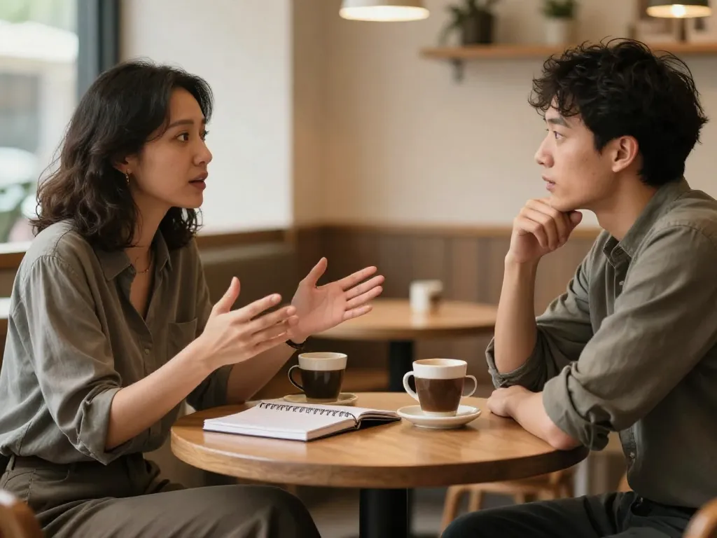 Two cofounders having an honest face-to-face conversation at a small table, showing vulnerability and openness