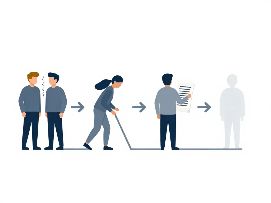 Illustration showing four stages of a silent co-founder breakup: unspoken disappointment, parallel tracks, resentment building, and emotional checkout