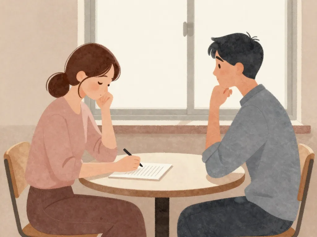 Two co-founders in a reflective moment, sitting across from each other with an untouched document between them, conveying the difficulty of unspoken tension