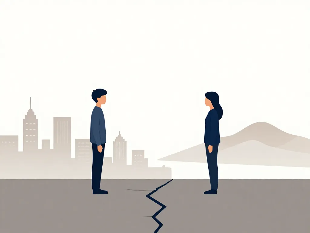 Illustration of two co-founders standing on opposite sides of a subtle crack, looking in different directions, representing quiet misalignment