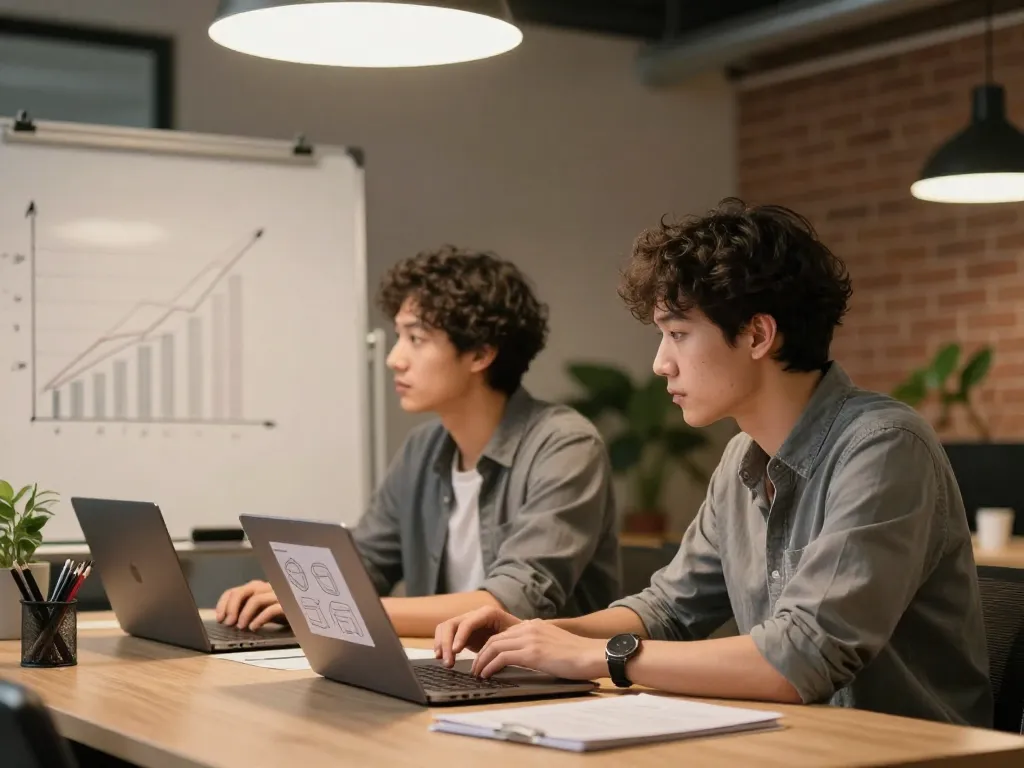 Two co-founders working at the same desk but facing different directions, symbolizing quietly diverging visions in a startup partnership
